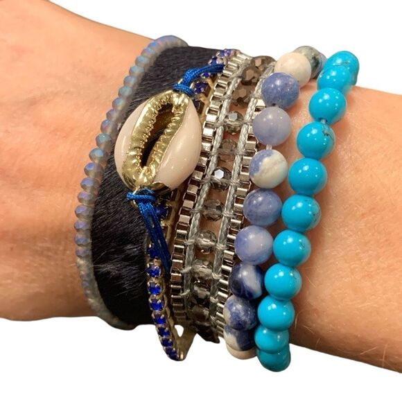 Nautical Boho Cuff Bracelet with Shell and Turquoise Beads by Victoria Emerson - Picture 1 of 9